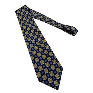 Countess Mara Silk Tie Blue Gold Geometric Squares All Imported Silk USA